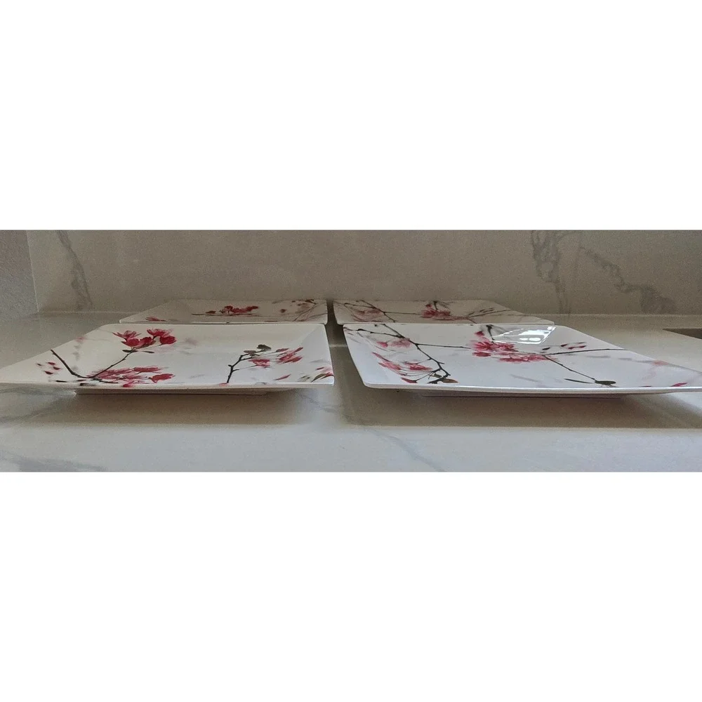 13pc Melamine Dinnerware Set Pink Cherry Blossom Square Plates Serving Bowls